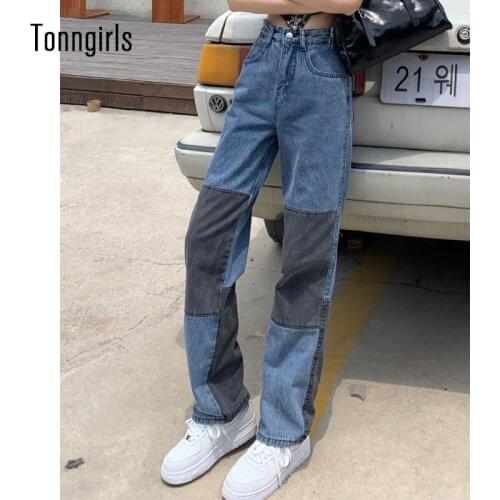 Tonngirls Vintage Women Jeans Pants Casual Loose Patchwork Y2K Denim Jeans Womens High Waist Jeans Summer Jean Trousers Denim