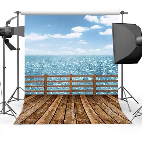 Mehofoto Blue Sky Sea Background for Photography Wood Floor Backdrop for Photo Studio Props Customize CM-5744