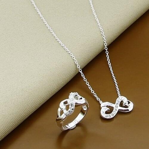 925 Silver Sets Double Heart With Zircon Pendants Necklaces Rings For Women Jewelry Set Gift