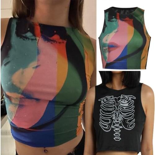 Painting Print Y2K Tank Top Vintage Mesh Tops Women E Girl Aesthetic Baby Tee Shirt Off Shoulder Neck Vest