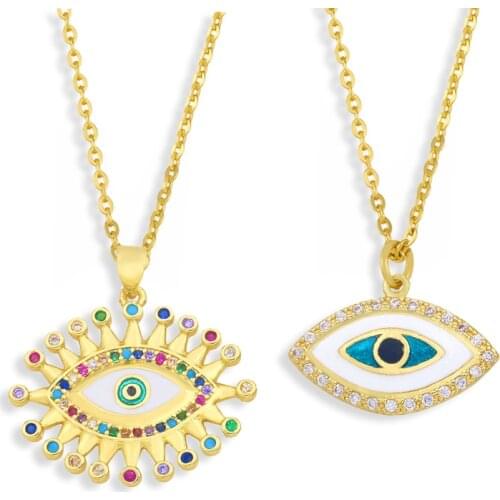 FLOLA Copper CZ Evil Eye Necklace Multicolor Stone Crystal Short Gold Chain Necklace Gift Jewelry For Women nkew69