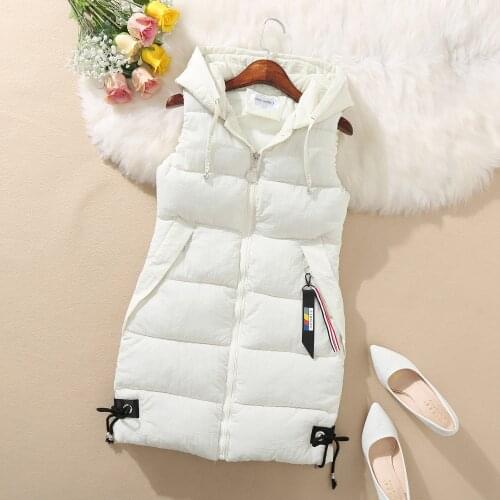 Korean Style Fashion Down Cotton Coat Vest Womens Jacket Autumn and Winter Sleeveless Hooded Slim Waistcoat Long Padded Jackets