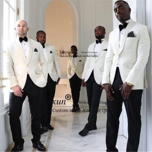 Fashion Men Suits Slim fit Set White Wedding Tuxedos for Groomsmen 2 piece Jacket Pants Custom Best Man Clothes Costume Homme