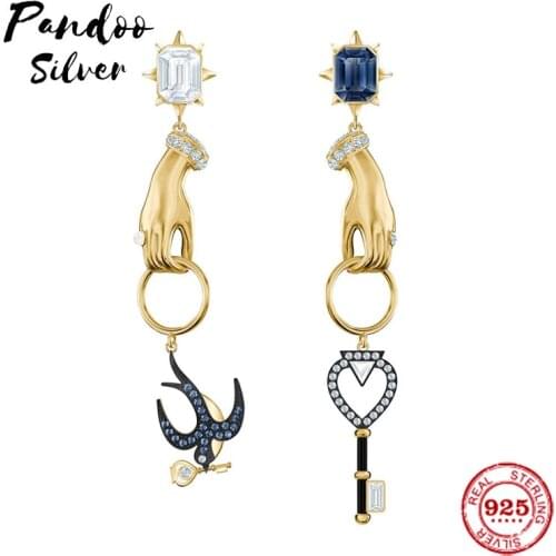 Fashion Charms 925 Sterling Silver Luxury Jewelry Gift For Female,Yellow Silver Exquisite Swallows, Keys And Hands Earrings