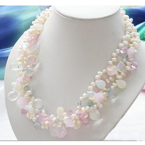 Fashion Women Pearl Jewellery,3 Rows 18'' White Color Freshwater Pearl Pink Crystal Opal Drip Necklace,New Free Shipping