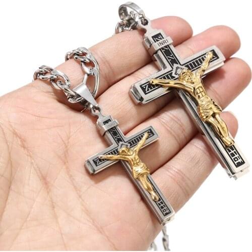Mens Religious Crucifix stainless steel Cross Necklace Long Couple Pendant silver/Gold tone Christian Jewelry Gifts