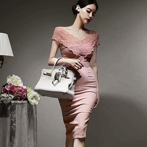 New Fashion Summer Vintage Lace Patchwork V-Neck Midi Party Dress Ladies OL Elegant Short Sleeve Bodycon Skinny Vacation Dress