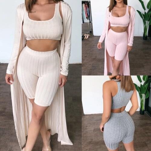 SUJYing 2021 New Womens Fashion Close-fitting Vest Sports Shorts Casual Coat Three Piece Long Sleeve