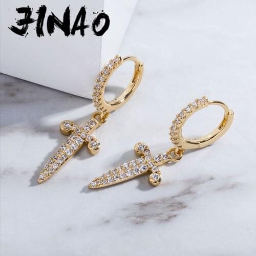 JINAO New Ice Out Sword Dagger Drop Earrings Full Iced Cubic Zirconia High Quality Hip Hop Fashion Jewelry Gift For Party