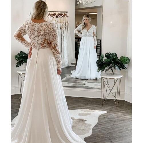 Newly Design A-Line V Neck See Through Lace Wedding Dresses Sweep Train Chiffon Plus Size Bridal Gown Vestido de Noiva