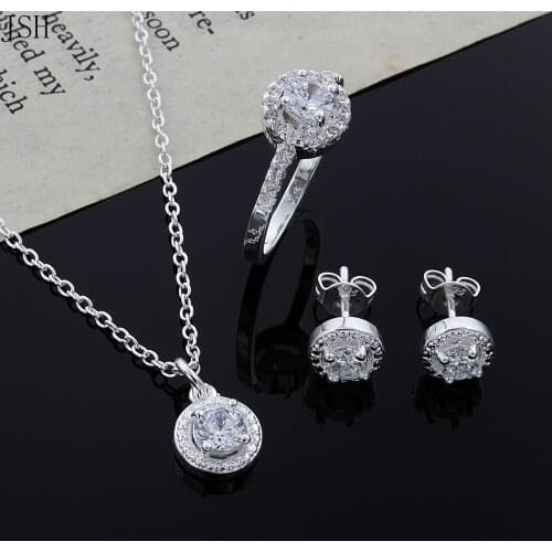 Christmas gift noble silver fashion elegant women classic shiny crystal CZ necklace earring ring color jewelry Set CS001