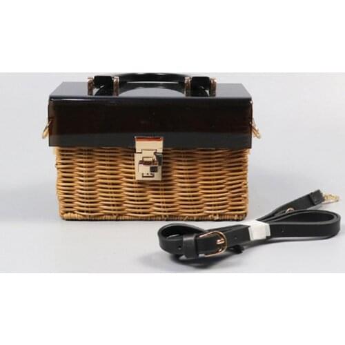 Fashion Acrylic Cover Rattan Shoulder Bags For Women Small Saqure Straw Woven Women Handbags Designer Box Beach Womens Bag 2021