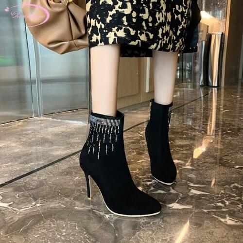 Party sexy pointed toe ankle boots crystal zipper green beige purple pink black high heel stiletto riding boots womens shoes