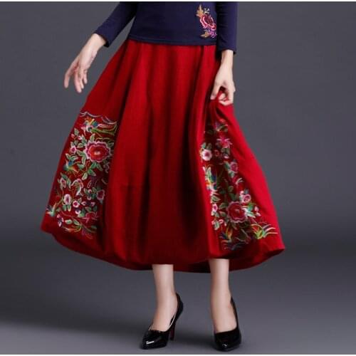 Chinese Style Womens Embroidery Skirt Autumn Winter Ethnic Cotton And Linen Female Long Skirt Retro Casual Loose Saia Midi y951