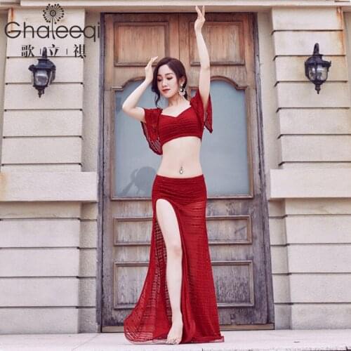 Girls Belly Dance Costumes Long Sleeves Bra+Lace Skirt 2pcs Belly Dance Suit Women Ballroom Dance Set 2pcs Top Skirt D-0690
