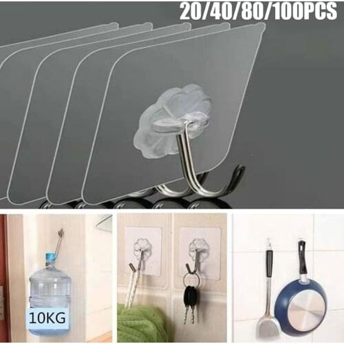 20/40/100pcs Transparent Seamless Hooks Metal Wall Hooks For Home Heavy Self Adhesive Hooks