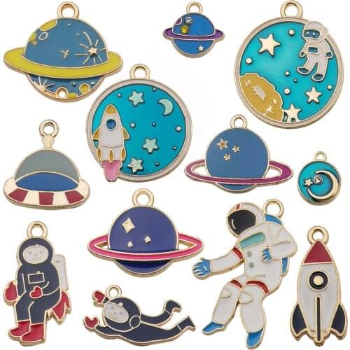 24pcs Assorted Gold Enamel Planet Astronaut Charm Pendant for DIY Jewelry Making Necklace Bracelet Earring Accessories-M343
