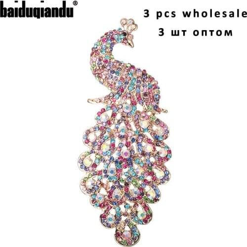Pack of 3PCS Wholesale baiduqiandu Large Size 120mm Height Beautiful Peacock Brooch Pins for Dress Coat Jewelry