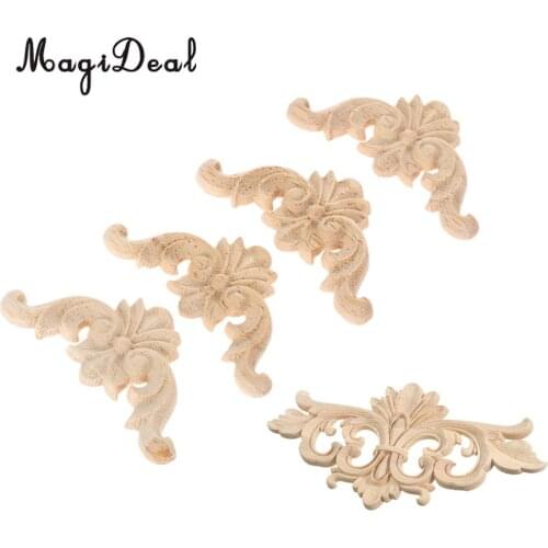 5pcs Vintage Wood Carved Decal Corner Onlay Applique Frame Furniture Wall Unpainted for Cupboard Cabinet Door Decor Art Crafts