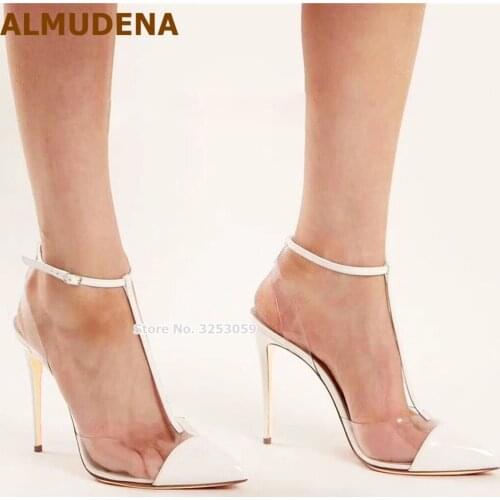 ALMUDENA White Black Patent Leather T-strap PVC High Heel Shoes Pointed Toe Stiletto Heels Patchwork Dress Pumps Slingback Shoes