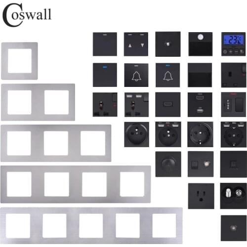 COSWALL S08 Silver Stainless Steel Panel Black Wall Switch EU French Socket HDMI-compatible USB Charger TV Internet Module DIY