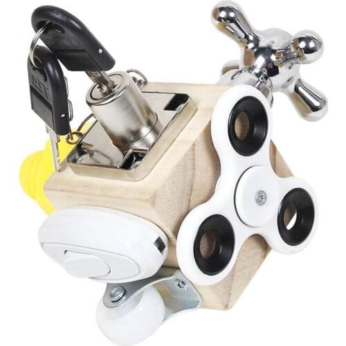 Montessori Wooden Block 6-In-1 Baby Early Educational Sensory Toys Rotary Screw Spring Latch Switch Wheel Security Lock Rotary