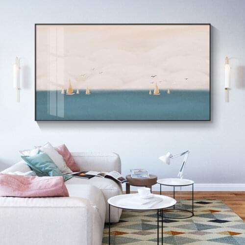 Fantastic Poster and Art Painting Ocean with Boat Blue Sky and Yellow Lawn Posters and Prints Wall Pictures for Living Room HD