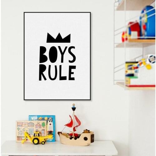 Boys Rule Quote Canvas Art Print and Poster , Modern Minimalist Black and White Canvas Painting Poster Boys Room Wall Art Decor