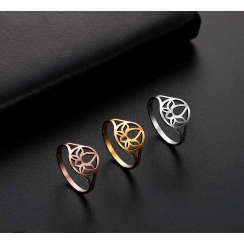 COOLTIME Lotus Flower Finger Ring Stainless Steel Silver Color Party Rings Wedding Engagement Gift for Women Men Jewelry 2021