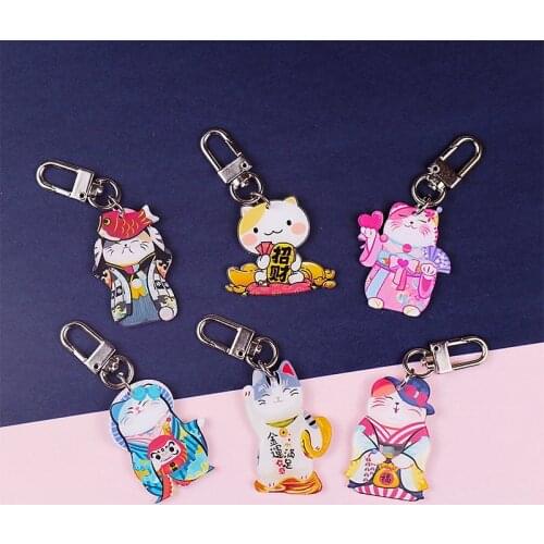Cartoon Japan Lucky Cat Acrylic Keychain Maneki Neko Trinkets Car Bag Charm Key Chain Airpods Pendant Couple Gift Good Luck