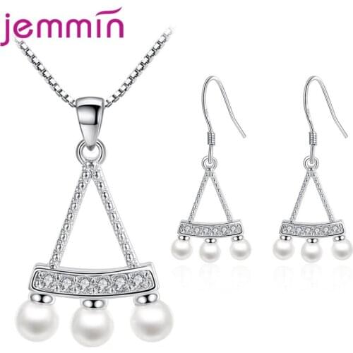 Trendy Korean Style S925 Sterling Silver White Round AAA Zircon Pearl Necklace Earring Set for Women Girls Engagement 2Pcs/Set
