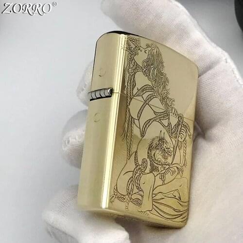 Original Zorro Kerosene Lighter Pure Copper Brass Carving Binding Girl Business Gift Collection Outside Ignition Tool