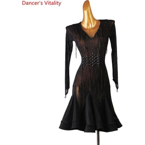 Latin Dance Dress V-Neck Diamond-Studded Long Skirt Mesh Sleeve Performance Clothes Custom Woman Child Competition Clothing
