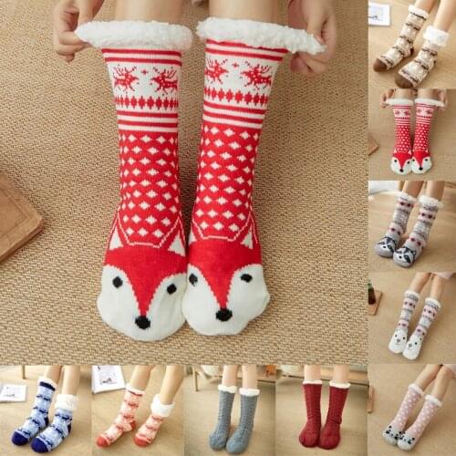 Thick Warm Women Slippers Home Socks Christmas Cartoon Elk Floor Sock Plush Velvet Non-slip Carpet Fluffy Autumn Winter Socks