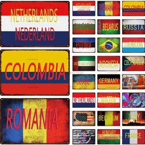 Retro Country National Flag Metal Sign Vintage License Plate Plaque Tin Sign Bar Pub Living Room Wall Decor Austria Russia 6Oo-2