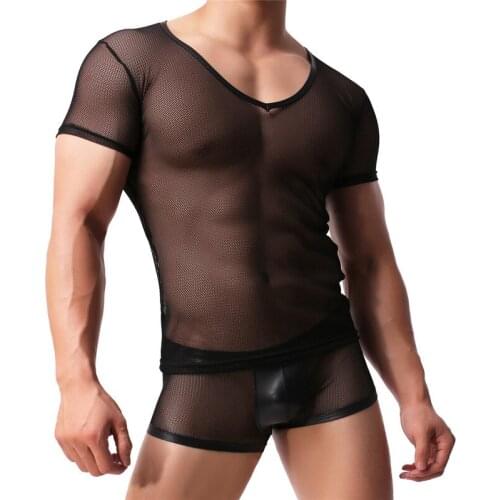 Sexy Mens Clothes Set See Through T-shirt Men Underwear Set Male Undershirts Slim Fitness Tops Boxer Shorts Underpants Sleepwear