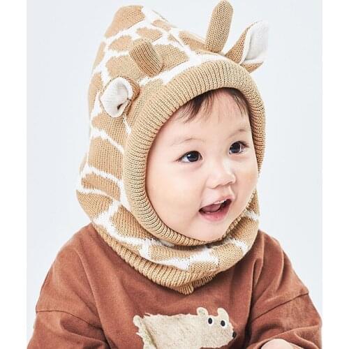 Winter Hat Helmet Boy Girl Giraffe Cow Knit Beanie Kid Autumn Earflap Warm Skiing Cotton Fleece Outdoor Accessory Toddler Baby