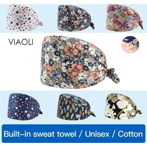 Viaoli men women Breathable Floral printing Adjustable Scrubs Cap Button cap work hats beauty shop Scrub Cap Wholesale prices