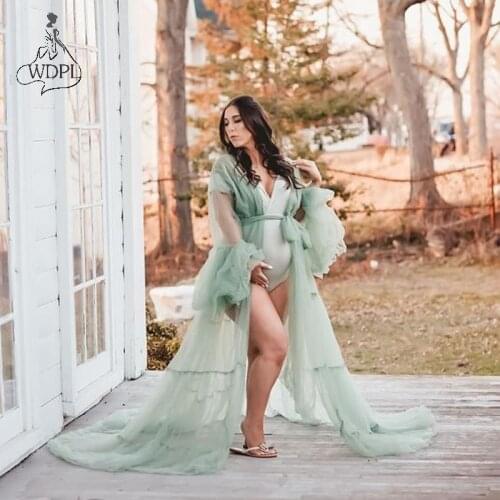 Tulle Maternity Dress for Photography Inspired Dress Boho Maternity Gown Maternity Robe Long Sleeve Mint Photo Shoot Dress Women