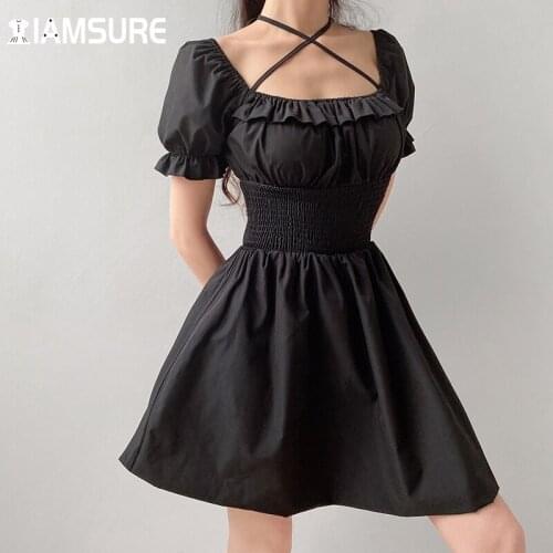 IAMSURE Vintage Basic Dresses For Women 2021 Fashion Solid Bandage Tie Back Square Collar Short Puff Sleeve A-Line Mini Dress