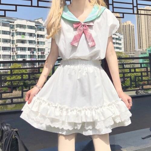A Line Skirt Short Summer 2021 College Style Kawaii Sweet Girl Lace Ruffle Solid Cute Mini Skirts Y2k High Waist Pleated Skirt