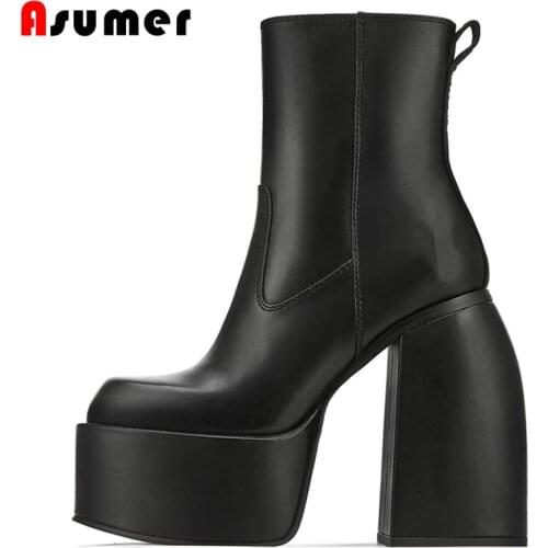 Size 34-43 Luxury Brand New Genuine Leather Boots Thick Bottom Platform Chunky Boots Women Zipper High Heels Ankle Boots Shoes