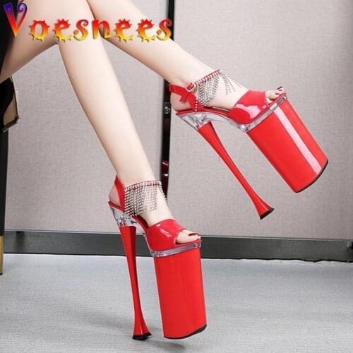 Womens Summer Shoes 2021 Sandals with Rhinestones Platform Shoes High Heels Women Fringe 26cm Stiletto Strip Pole Dance Shoes