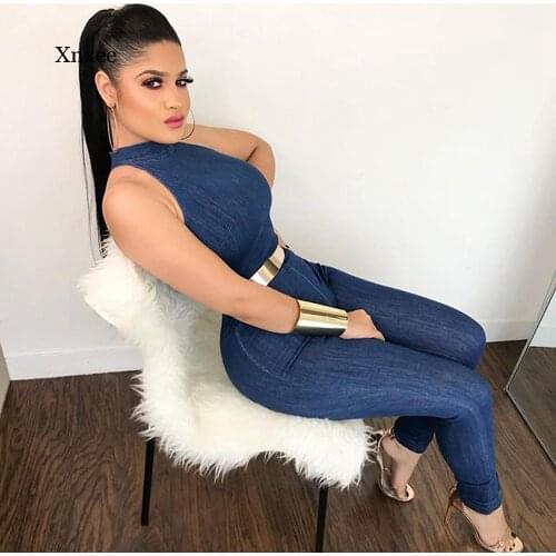 Women Casual Halter Sleeveless Denim Rompers Belt Jumpsuits Strapless Top Bodycon Jeans Leggings Playsuit Overalls Outfits