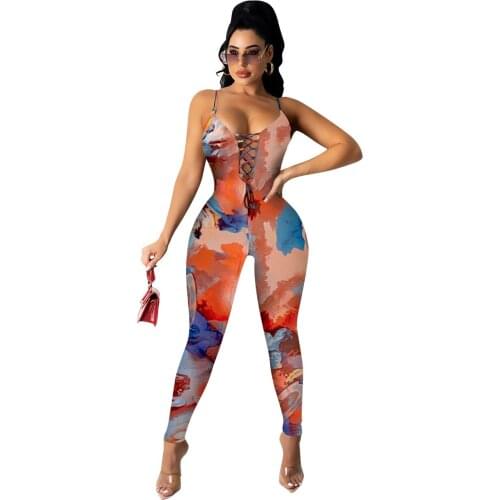 2021 Best Quality Famous Brand Jumpsuits Print Bandage Spaghetti Strap Summer Sexy Club Bodycon Rompers