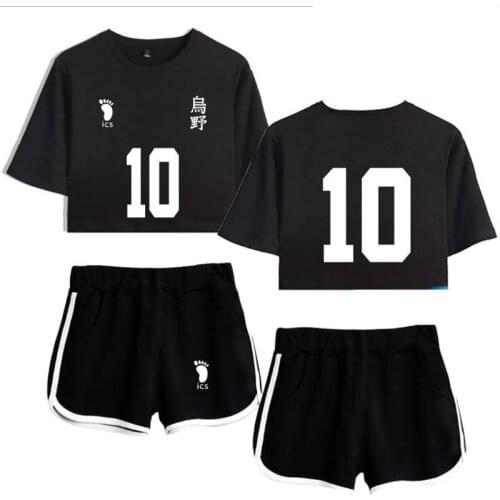Two Piece Set Women Female Set Crop Top and Shorts Tracksuit Anime Haikyuu Sexy Pullover Print Cotton Elastic Waist Casual