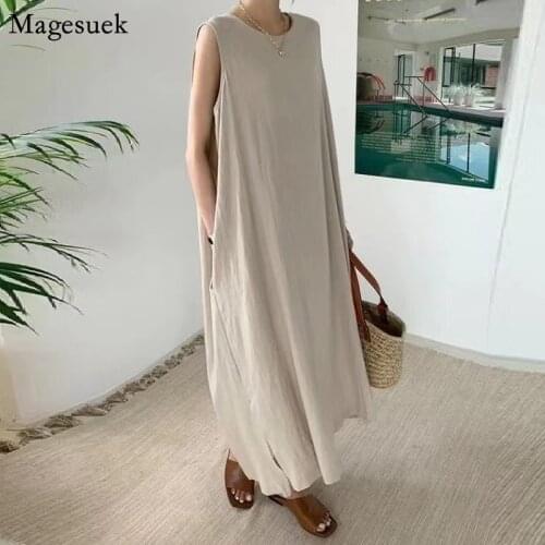 Sleeveless Cotton Linen Women Dress Summer Vestidos Casual Loose Long Dress Lady Chic Vintage Solid Elegant Casual Dresses 15816