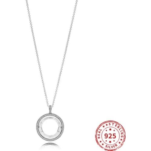 Authentic 100% 925 Sterling Silver Spinning Hearts Of Pandola Necklaces Round shape Pendant Necklaces for Women Fine Jewelry