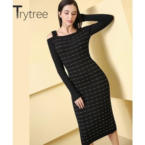 Trytree 2020 Autumn Winter Women Dress Casual Slash neck stripe Slim fit 2 Colour Fashion Buttock Knee-Length Office Lady Dress