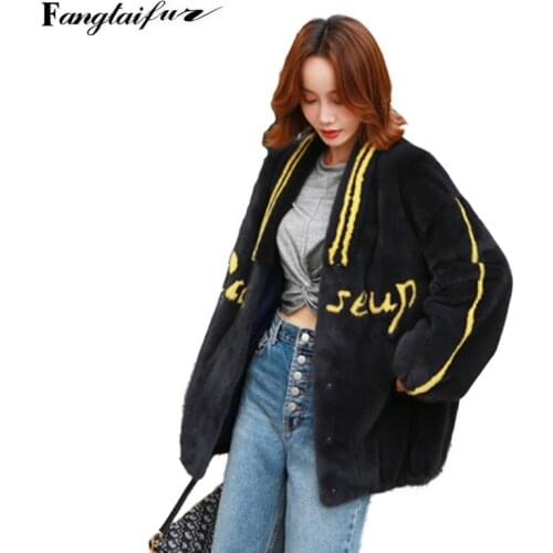 Ftangaiur Winter Velvet Mink Fur Overcoats For Femal Print Striped Letter Mink Coat Womens Short Real Fur Coats